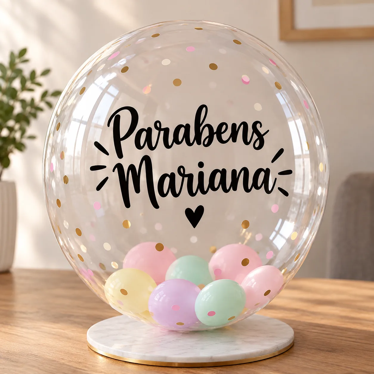 Balão bubble com nome personalizado em vinil